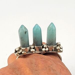 3 SPIKES AQUAMARINE DOUBLE RING BAND HANDMADE IN STERLING SILVER METAL 8.5 & 7.5